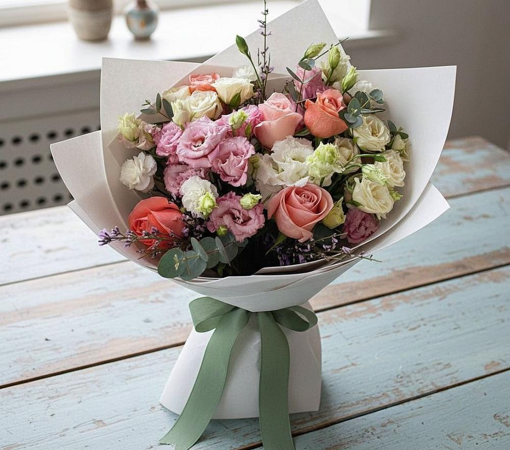 Букет цветов из: Розы, Лизиантусы и Гвоздики в Танцырее