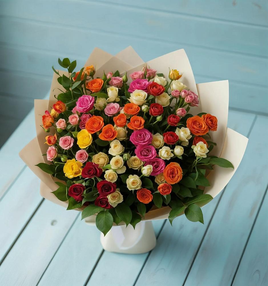 Букет Микс из разноцветных кустовых роз в Танцырее